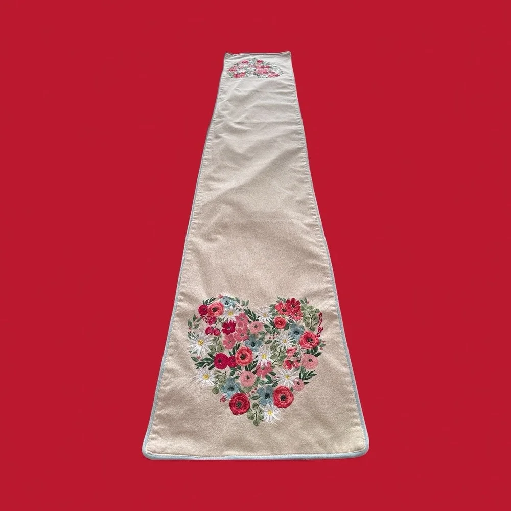 Rachel Ashwell Farmhouse Table Runner 14x70 Cream Floral Heart Embroidery